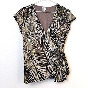 Worthington Leaf Print Cross Front Sleeveless Blouse Multi-Color Petite Medium